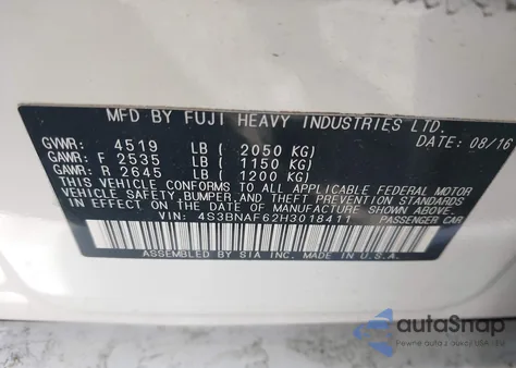 2017 Subaru Legacy 2.5I Premium from USA, damaged, VIN 4S3BNAF62H3018411